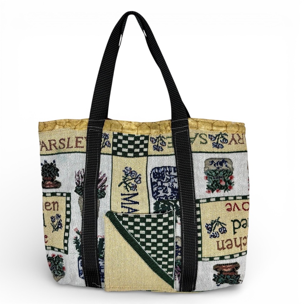 Tapestry Tote Bag Garden Herbs‎ Floral Print Green Velvet Pocket | Handmade |